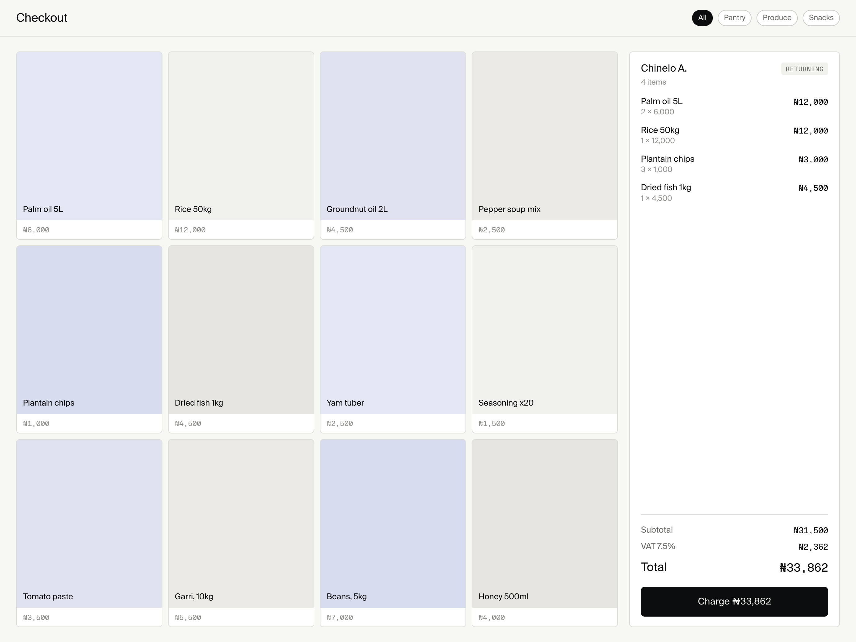 A merchant catalogue and online checkout sharing one product system
