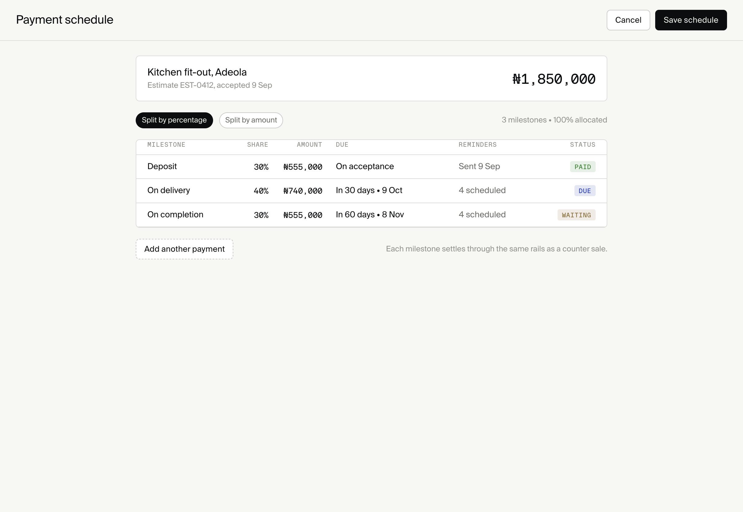 A payment schedule inside Merchant Console