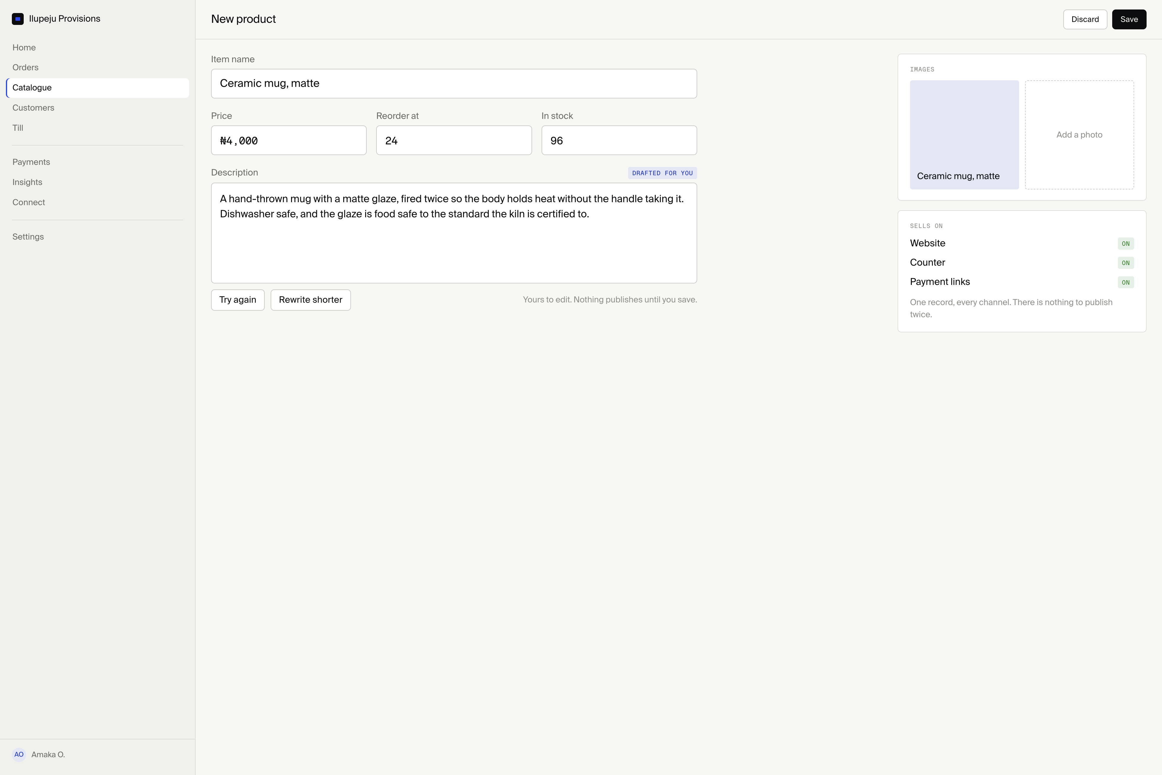 A product being created in Merchant Console